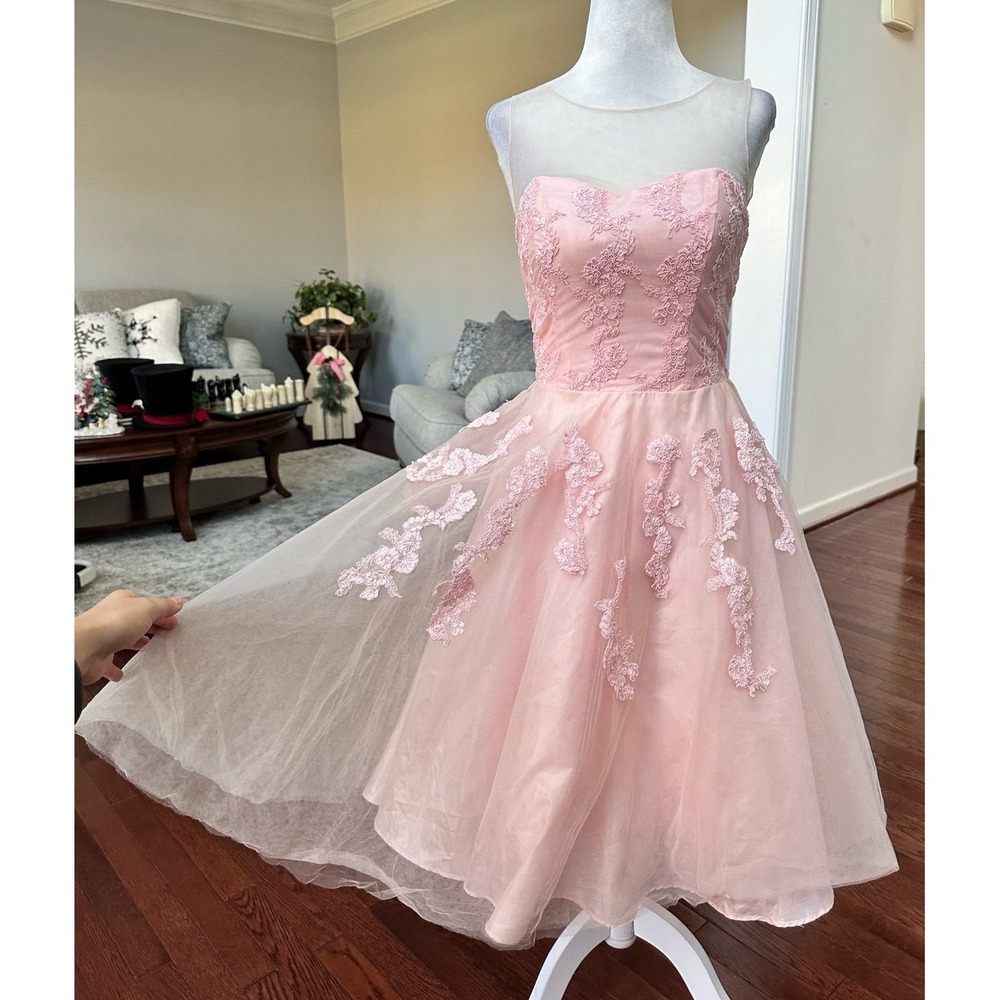 Vintage Steppin Out Baby Pink Embroidered Tulle Sheer Cocktail Dress Size Small - Picture 3 of 11